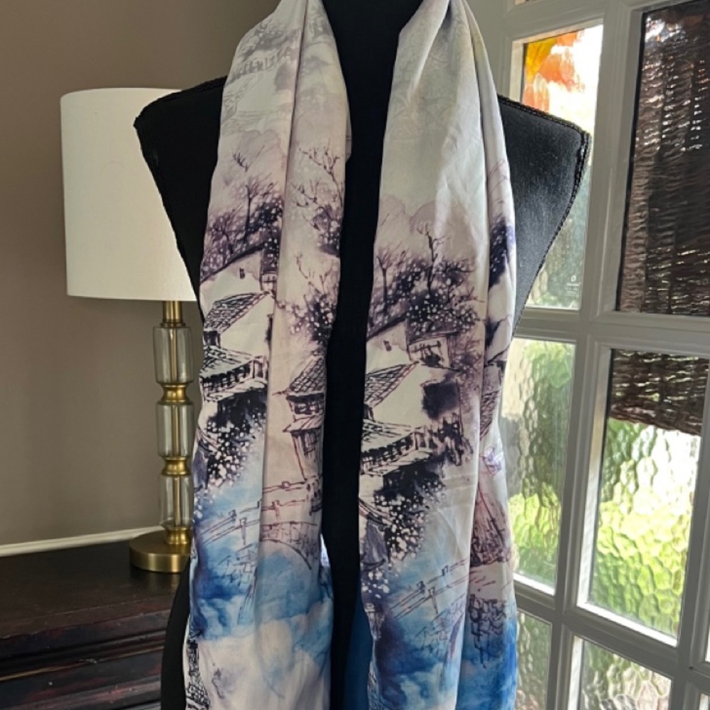 Chinese Village silk scarf tassels Oversized Beautiful Scene - 368